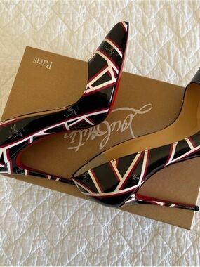 Christian Louboutin Black Patent Leather Pointed Toe Pumps with Red & White Trim